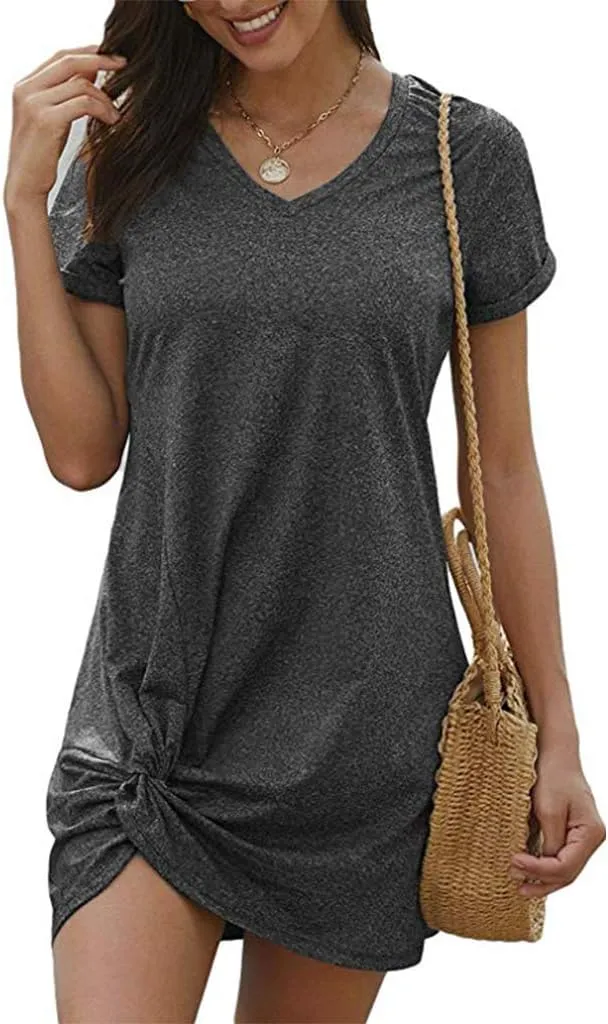 Locryz Women's Summer Twist Knot Tshirt Dresses Casual V Neck Short Sleeve Knot Dress