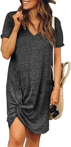 Locryz Women's Summer Twist Knot Tshirt Dresses Casual V Neck Short Sleeve Knot Dress
