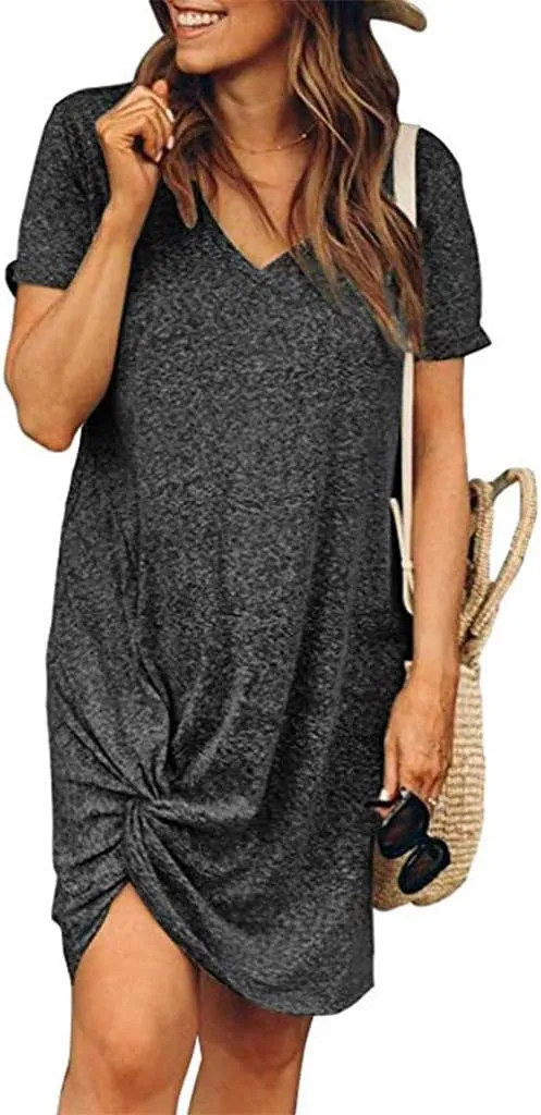 Locryz Women's Summer Twist Knot Tshirt Dresses Casual V Neck Short Sleeve Knot Dress
