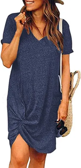 Locryz Women's Summer Twist Knot Tshirt Dresses Casual V Neck Short Sleeve Knot Dress
