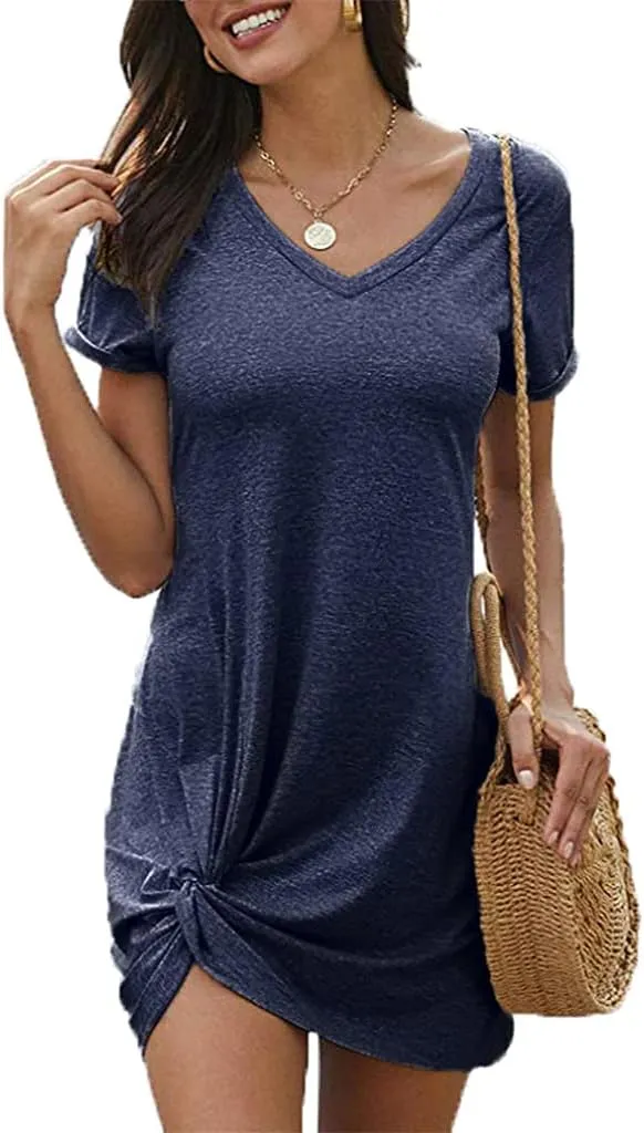 Locryz Women's Summer Twist Knot Tshirt Dresses Casual V Neck Short Sleeve Knot Dress