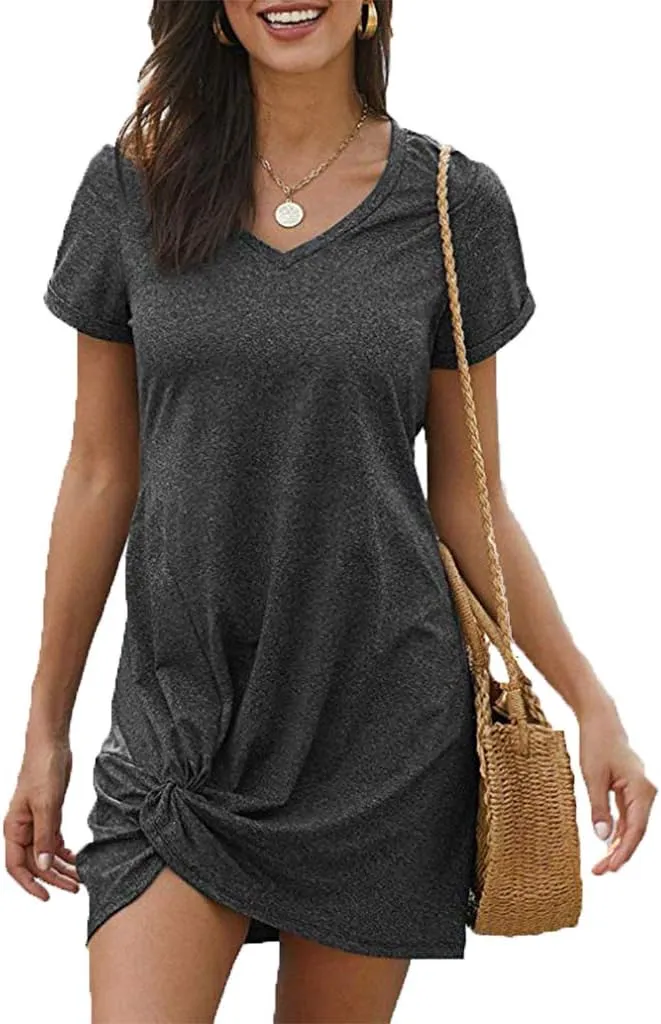 Locryz Women's Summer Twist Knot Tshirt Dresses Casual V Neck Short Sleeve Knot Dress