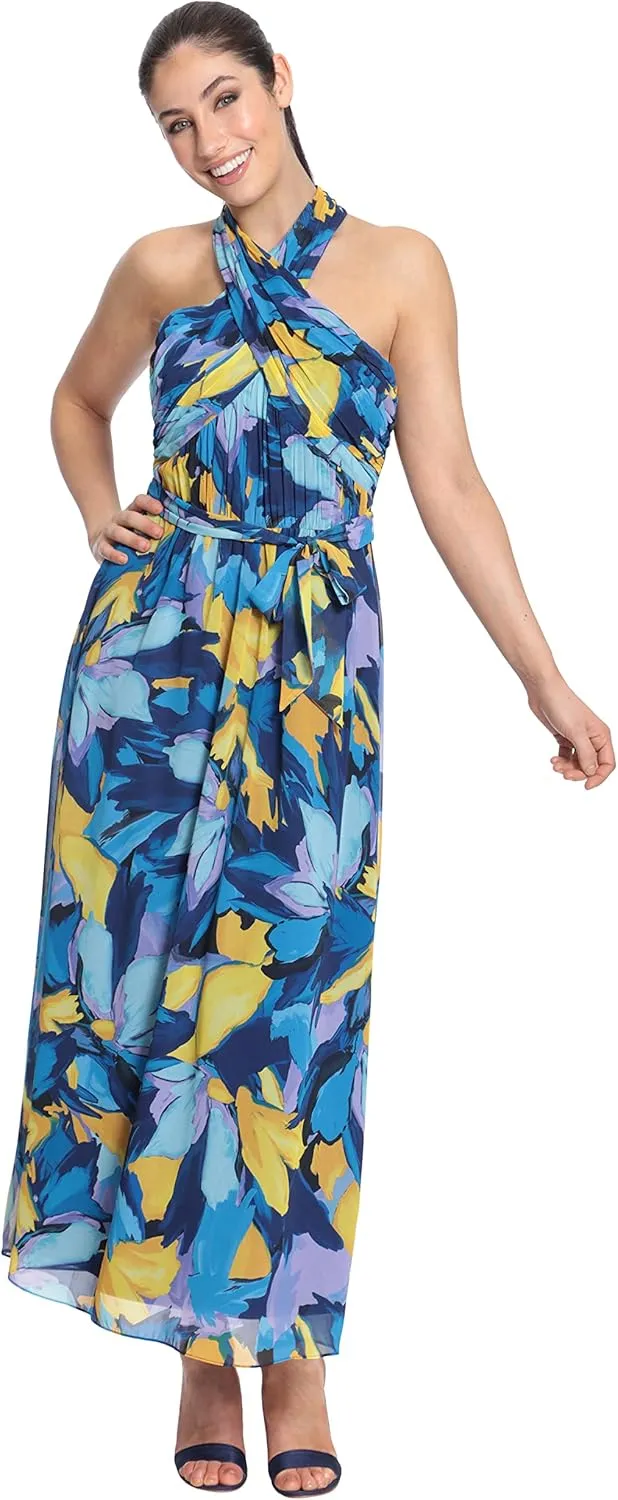 London Times Women's Twist Neck Halter Maxi Dress