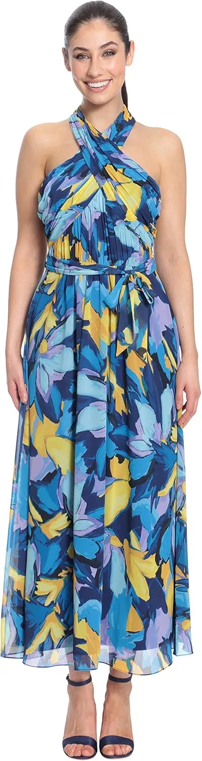 London Times Women's Twist Neck Halter Maxi Dress