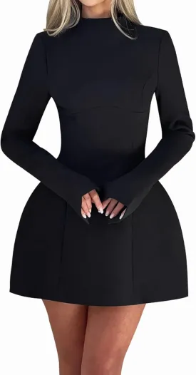LuFeng Women's Long Sleeve Mock Neck Sexy Bodycon A-line Backless Mini Dress Tank Short Party Dress