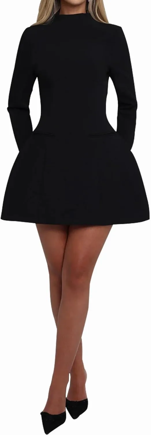 LuFeng Women's Long Sleeve Mock Neck Sexy Bodycon A-line Backless Mini Dress Tank Short Party Dress