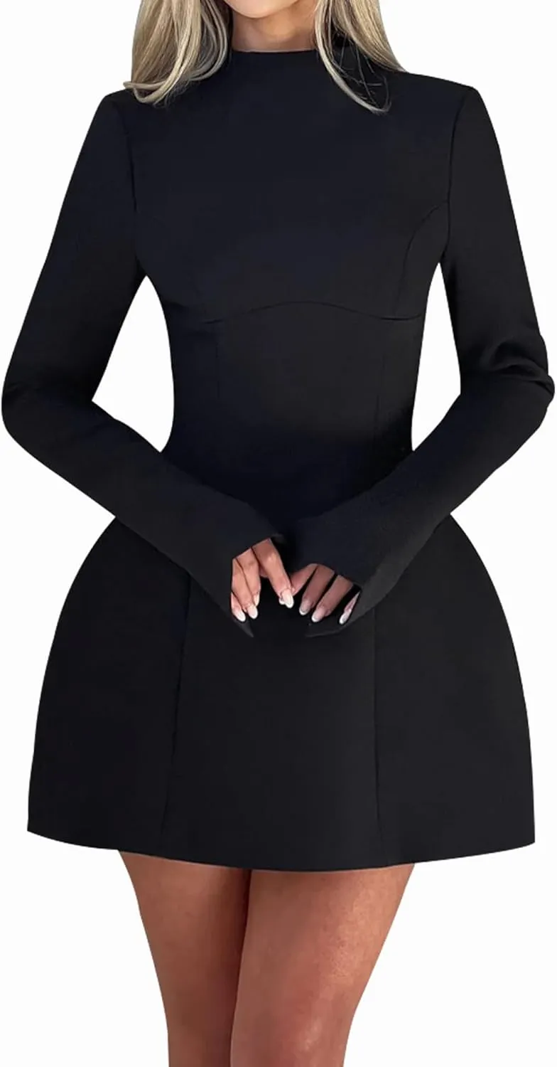 LuFeng Women's Long Sleeve Mock Neck Sexy Bodycon A-line Backless Mini Dress Tank Short Party Dress