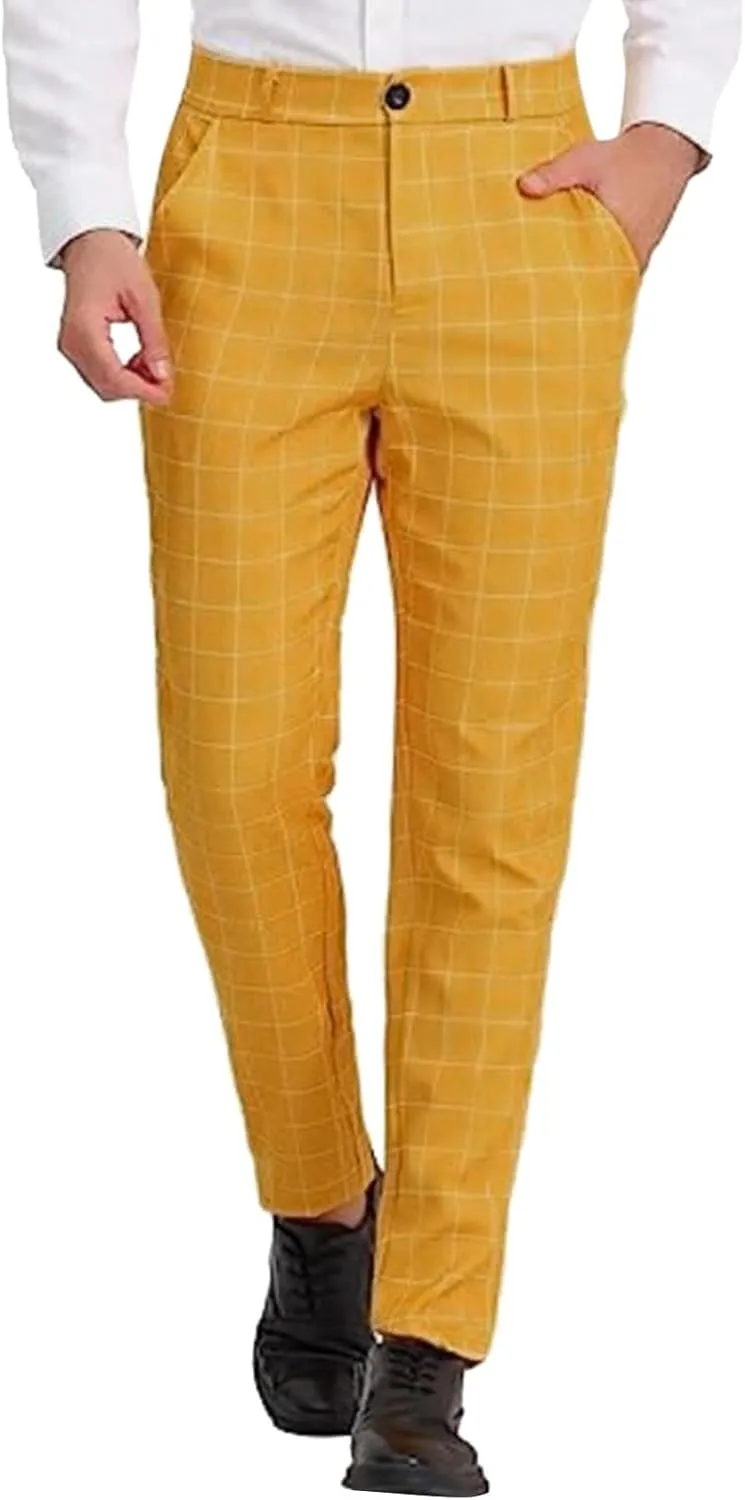 Mens Chinos Slim Fit Stretch Flat-Front Skinny Plaid Dress Pants Business Work Suit Tapered Pants Casual Golf Pants Trousers