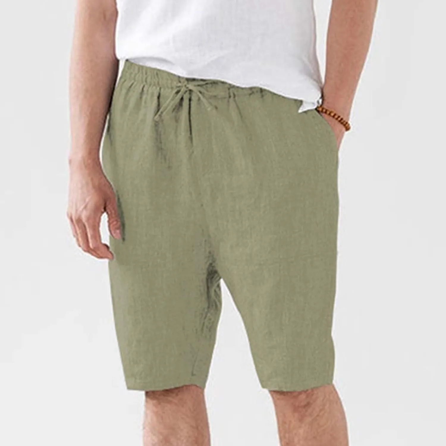 Mens Cotton and Linen Shorts Elastic Drawstring Solid Color Plus Size Casual Loose Pants Lightweight Breathable Beach Capris