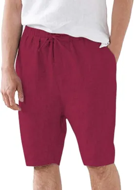 Mens Cotton and Linen Shorts Elastic Drawstring Solid Color Plus Size Casual Loose Pants Lightweight Breathable Beach Capris