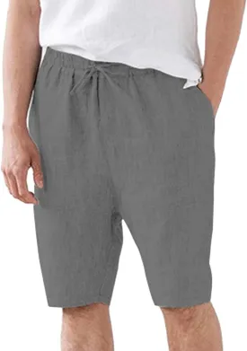 Mens Cotton and Linen Shorts Elastic Drawstring Solid Color Plus Size Casual Loose Pants Lightweight Breathable Beach Capris