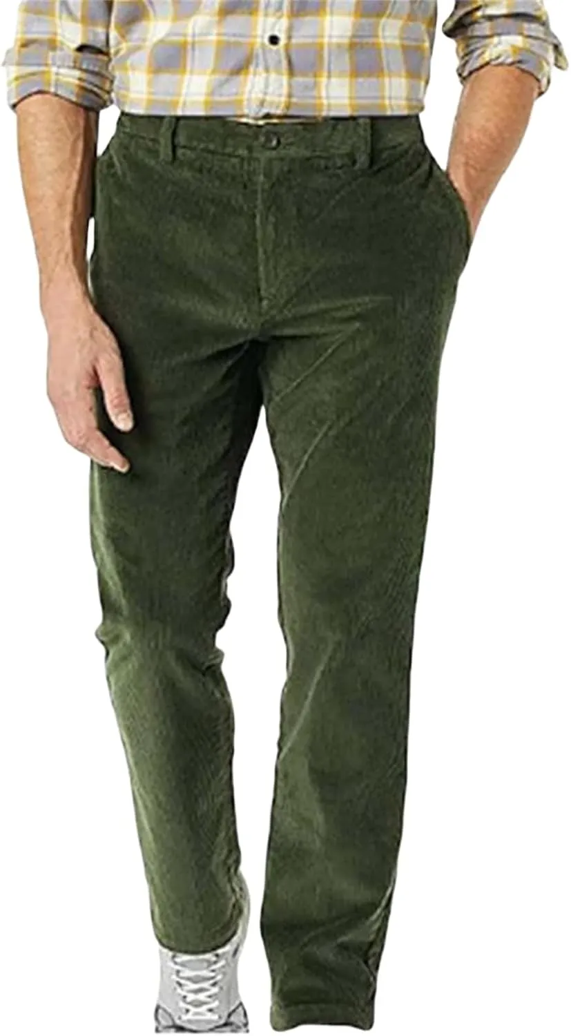 Mens Stretch Corduroy Pant Straight Fit Flat-Front Casual Chino Pants Relaxed Fit Twill Utility Work Pant Trousers