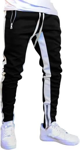 Mens Stripe Track Pants Skinny Fit Stretch Elastic Waist Ankle Zipper Joggers Workout Active Pants Streetwear