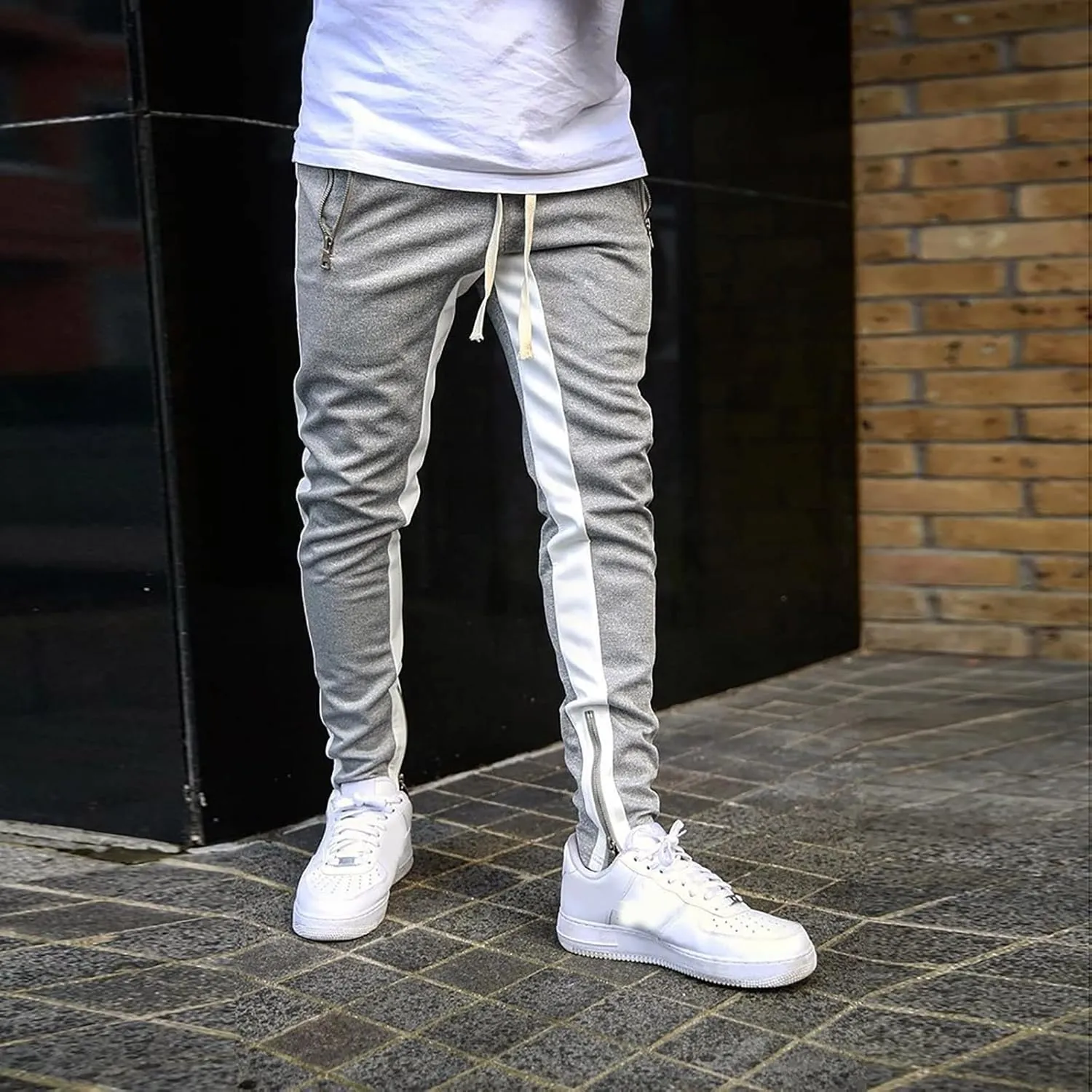 Mens Stripe Track Pants Skinny Fit Stretch Elastic Waist Ankle Zipper Joggers Workout Active Pants Streetwear
