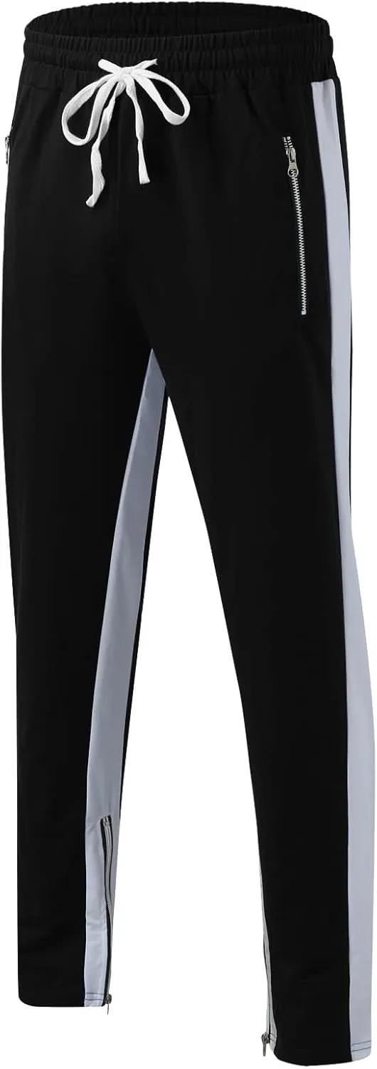 Mens Stripe Track Pants Skinny Fit Stretch Elastic Waist Ankle Zipper Joggers Workout Active Pants Streetwear