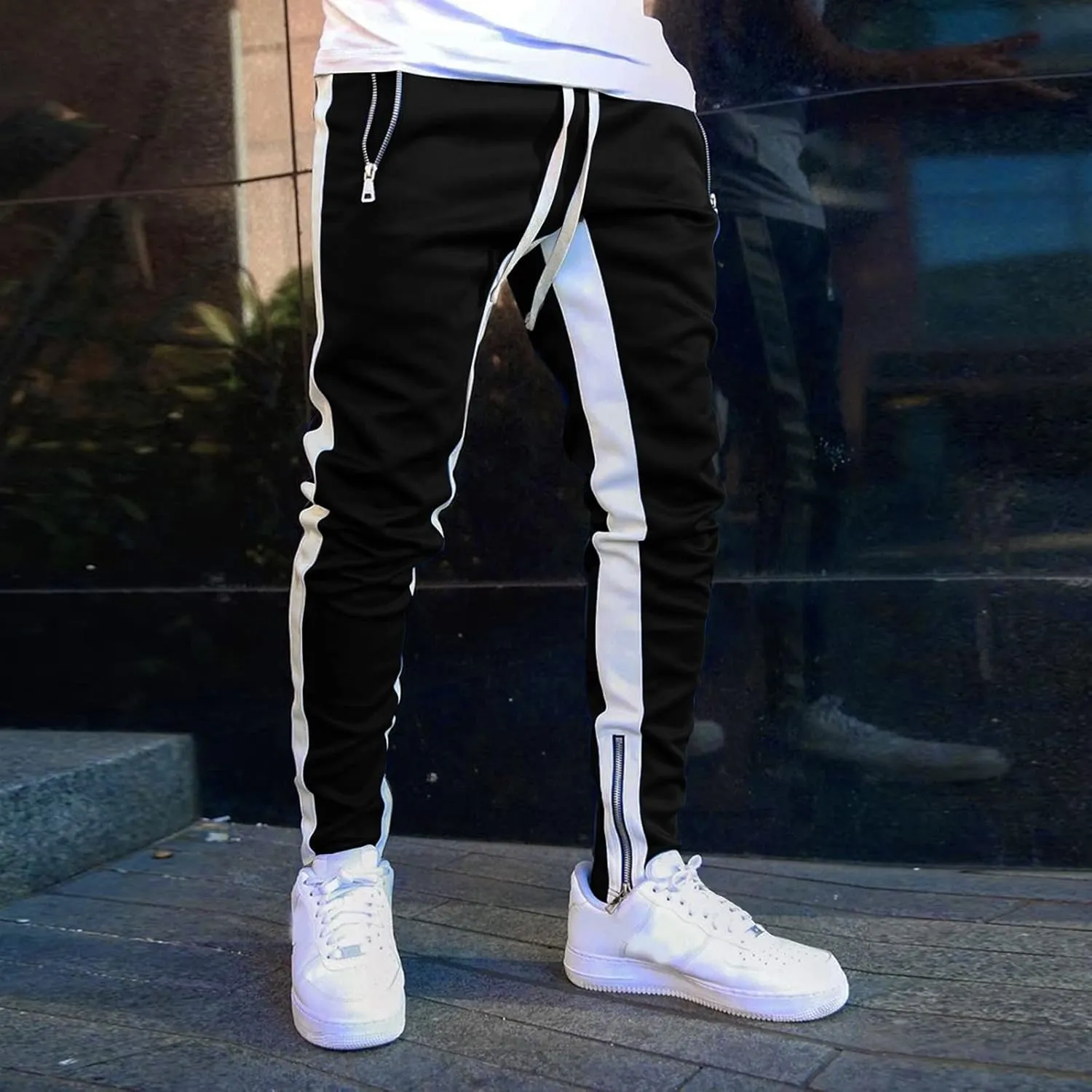 Mens Stripe Track Pants Skinny Fit Stretch Elastic Waist Ankle Zipper Joggers Workout Active Pants Streetwear