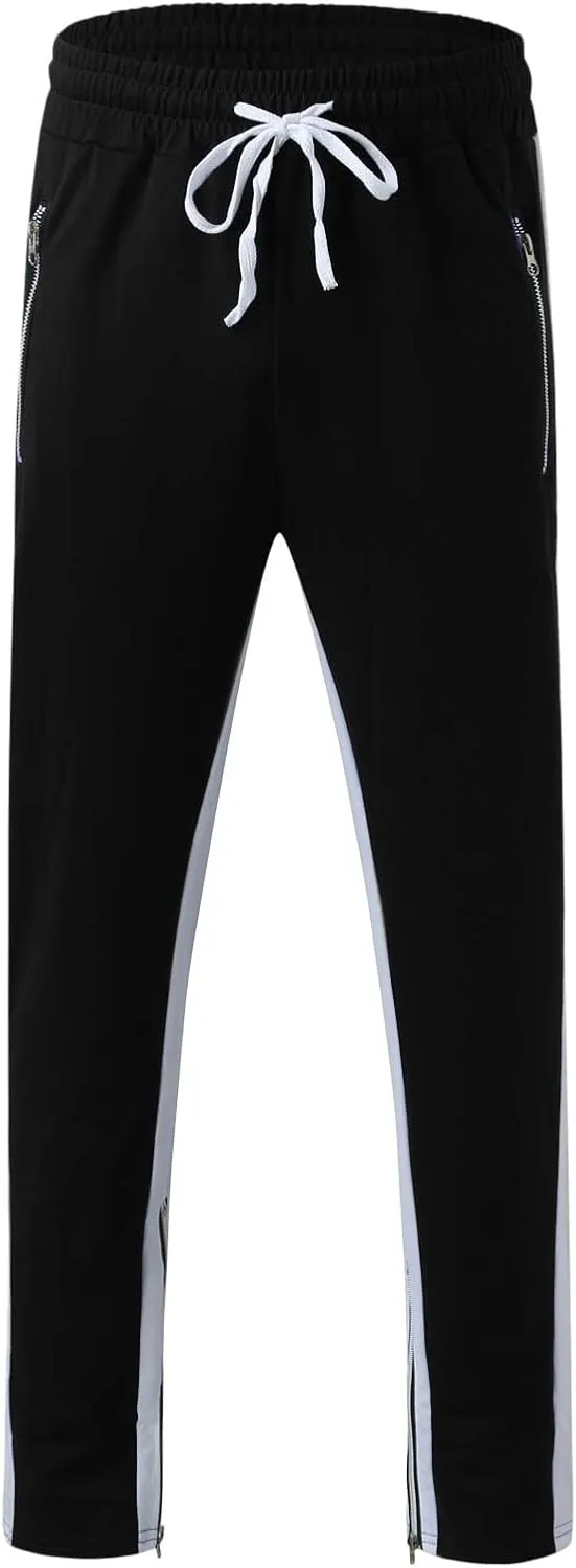 Mens Stripe Track Pants Skinny Fit Stretch Elastic Waist Ankle Zipper Joggers Workout Active Pants Streetwear