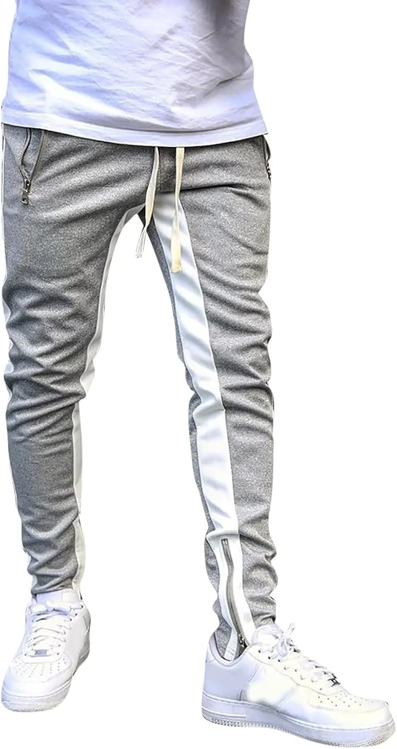 Mens Stripe Track Pants Skinny Fit Stretch Elastic Waist Ankle Zipper Joggers Workout Active Pants Streetwear