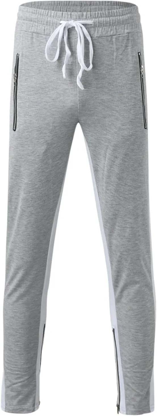 Mens Stripe Track Pants Skinny Fit Stretch Elastic Waist Ankle Zipper Joggers Workout Active Pants Streetwear