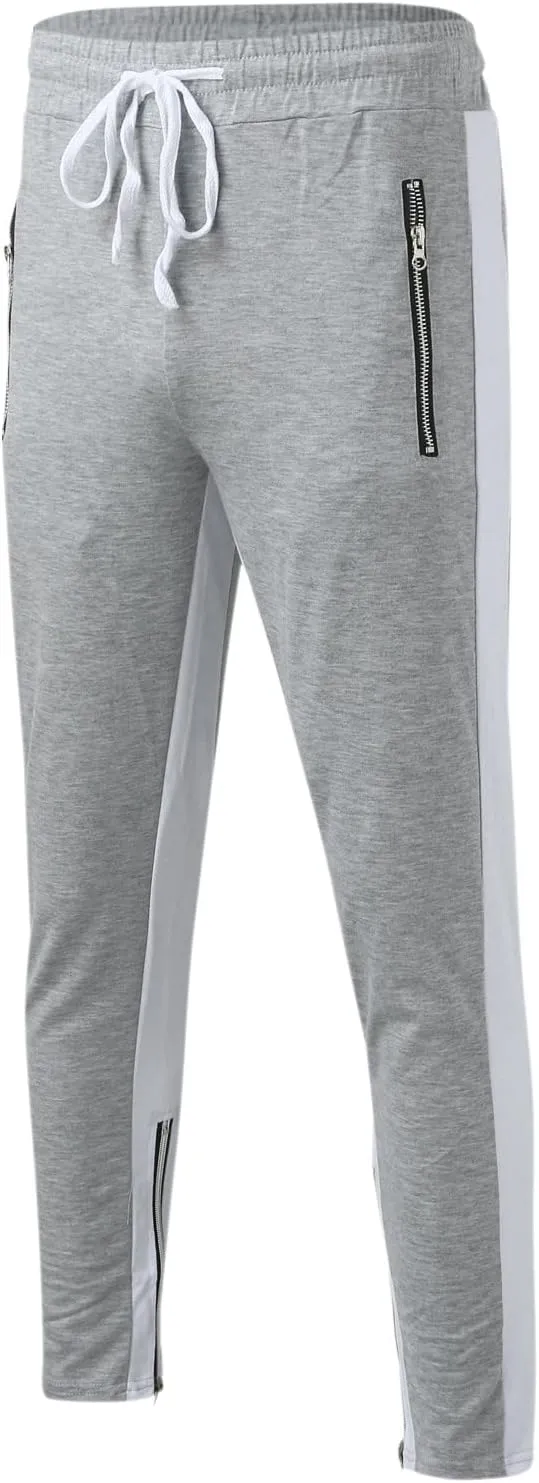 Mens Stripe Track Pants Skinny Fit Stretch Elastic Waist Ankle Zipper Joggers Workout Active Pants Streetwear