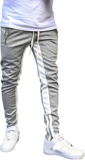 Mens Stripe Track Pants Skinny Fit Stretch Elastic Waist Ankle Zipper Joggers Workout Active Pants Streetwear