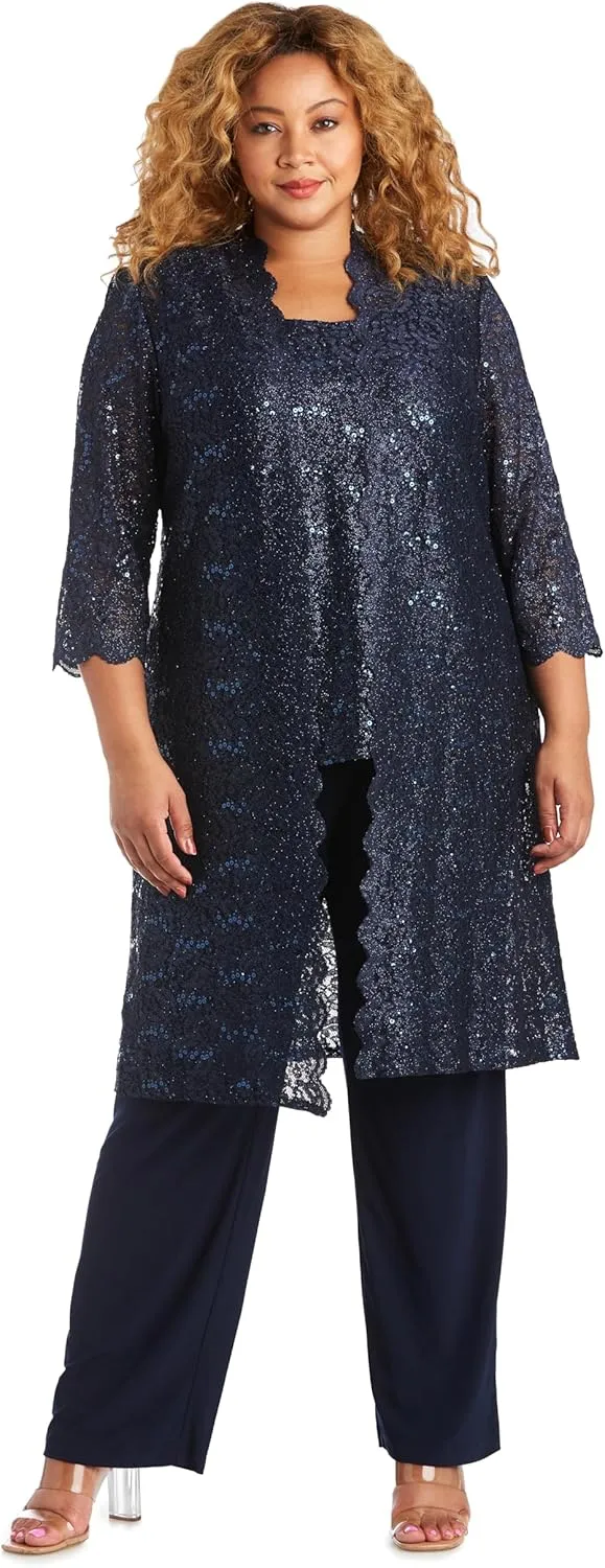 R&M Richards Womens Plus Sequined Lace Pant Suit