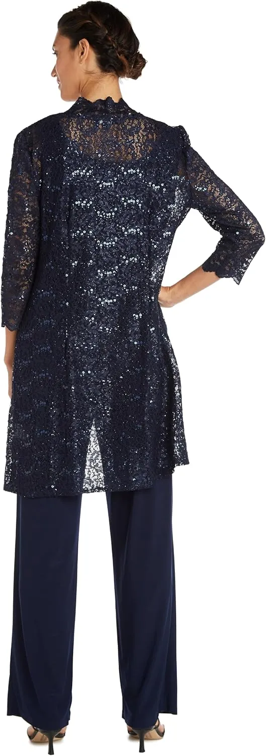 R&M Richards Womens Plus Sequined Lace Pant Suit
