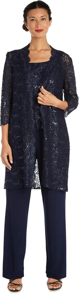 R&M Richards Womens Plus Sequined Lace Pant Suit