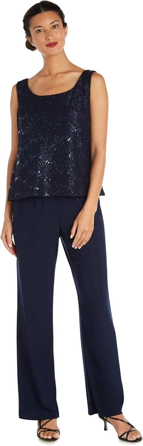 R&M Richards Womens Plus Sequined Lace Pant Suit