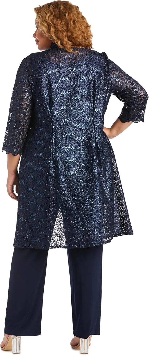 R&M Richards Womens Plus Sequined Lace Pant Suit