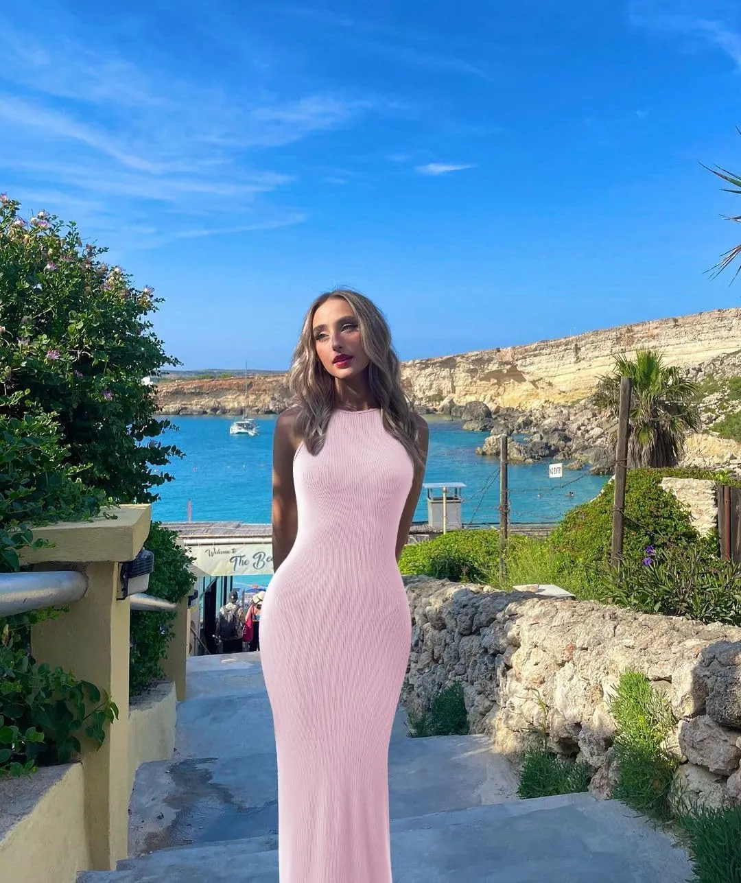 Relety Women's Bodycon Maxi Dresses Ribbed Lounge Tank Long Dresses Elegant Halter Neck Casual Sleeveless Summer Dresses