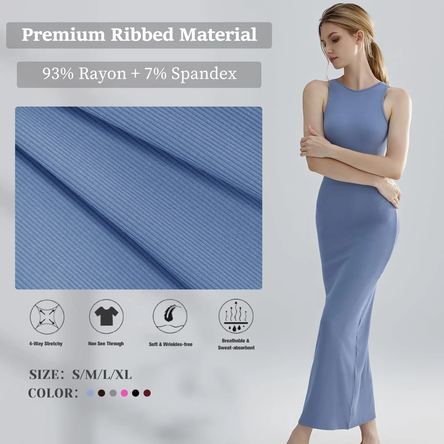 Relety Women's Bodycon Maxi Dresses Ribbed Lounge Tank Long Dresses Elegant Halter Neck Casual Sleeveless Summer Dresses