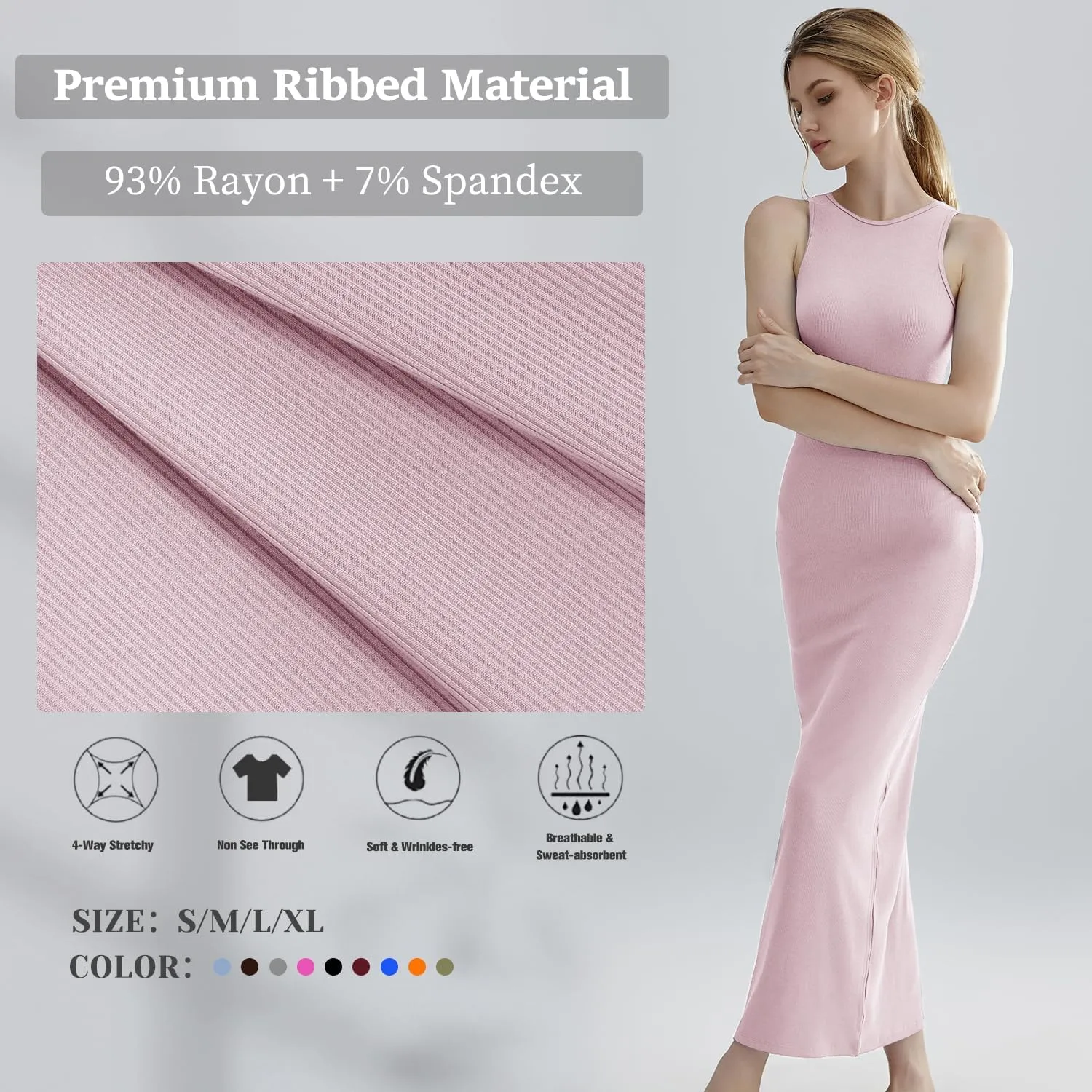 Relety Women's Bodycon Maxi Dresses Ribbed Lounge Tank Long Dresses Elegant Halter Neck Casual Sleeveless Summer Dresses
