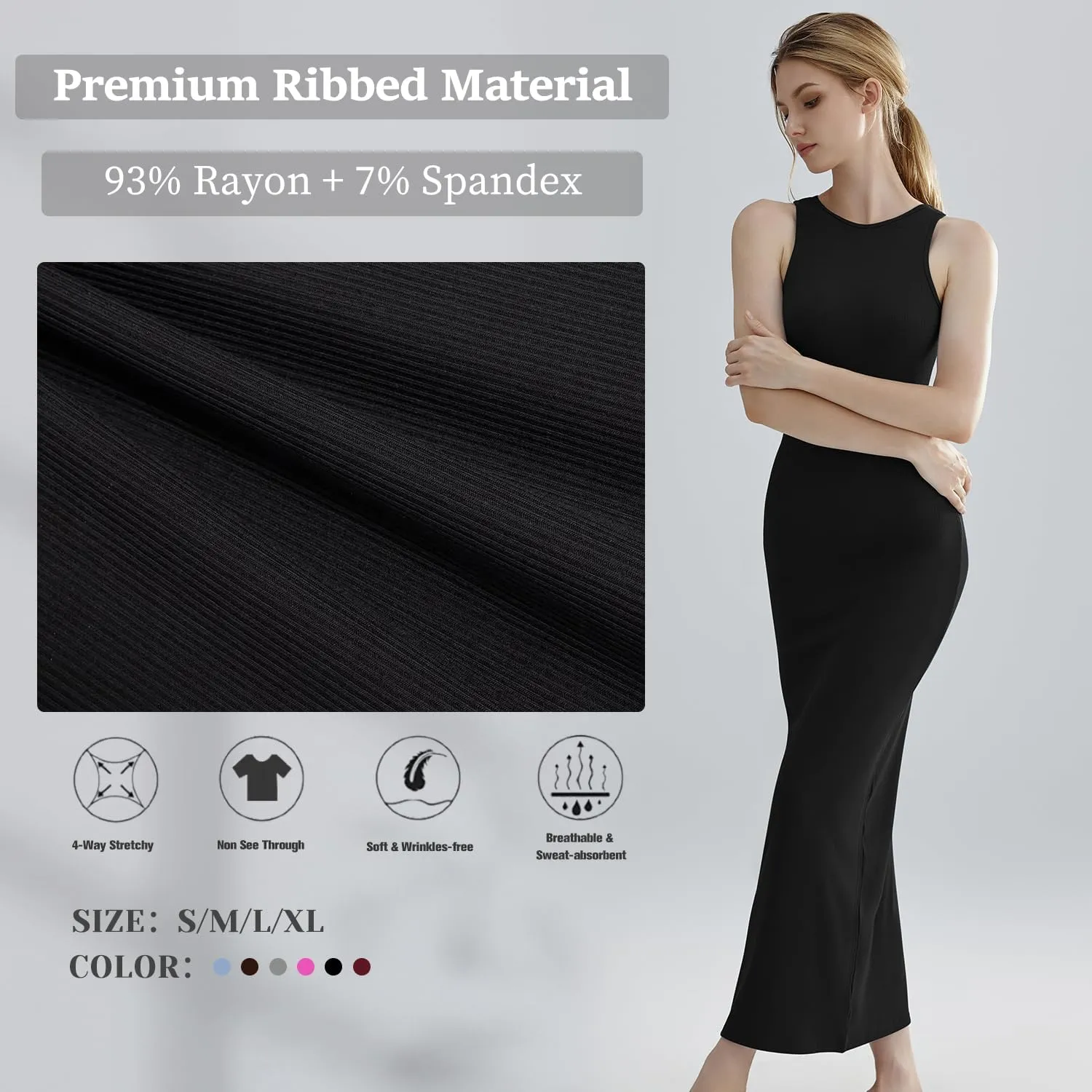 Relety Women's Bodycon Maxi Dresses Ribbed Lounge Tank Long Dresses Elegant Halter Neck Casual Sleeveless Summer Dresses