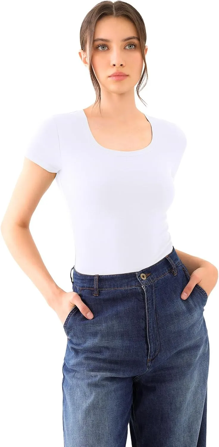 REORIA Womens Scoop Neck Short Sleeve Tops Summer Going Out Double Lined T Shirts Slim Fit Clothes Basic Tee 2025