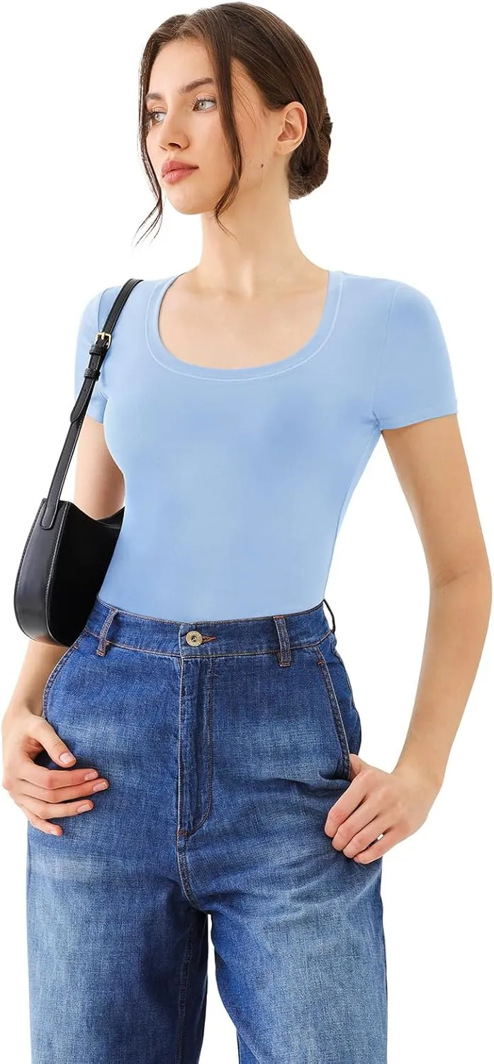 REORIA Womens Scoop Neck Short Sleeve Tops Summer Going Out Double Lined T Shirts Slim Fit Clothes Basic Tee 2025