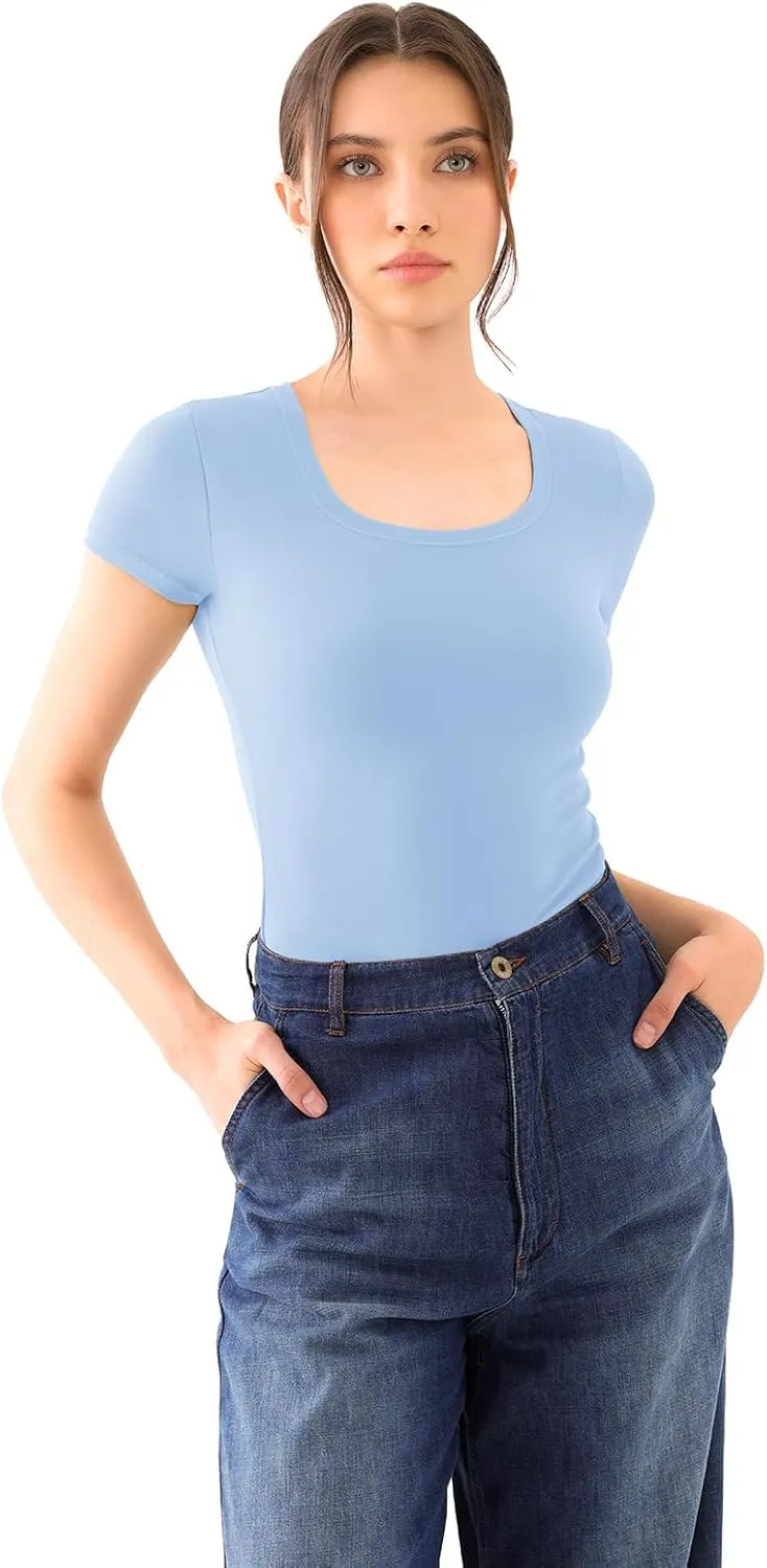 REORIA Womens Scoop Neck Short Sleeve Tops Summer Going Out Double Lined T Shirts Slim Fit Clothes Basic Tee 2025