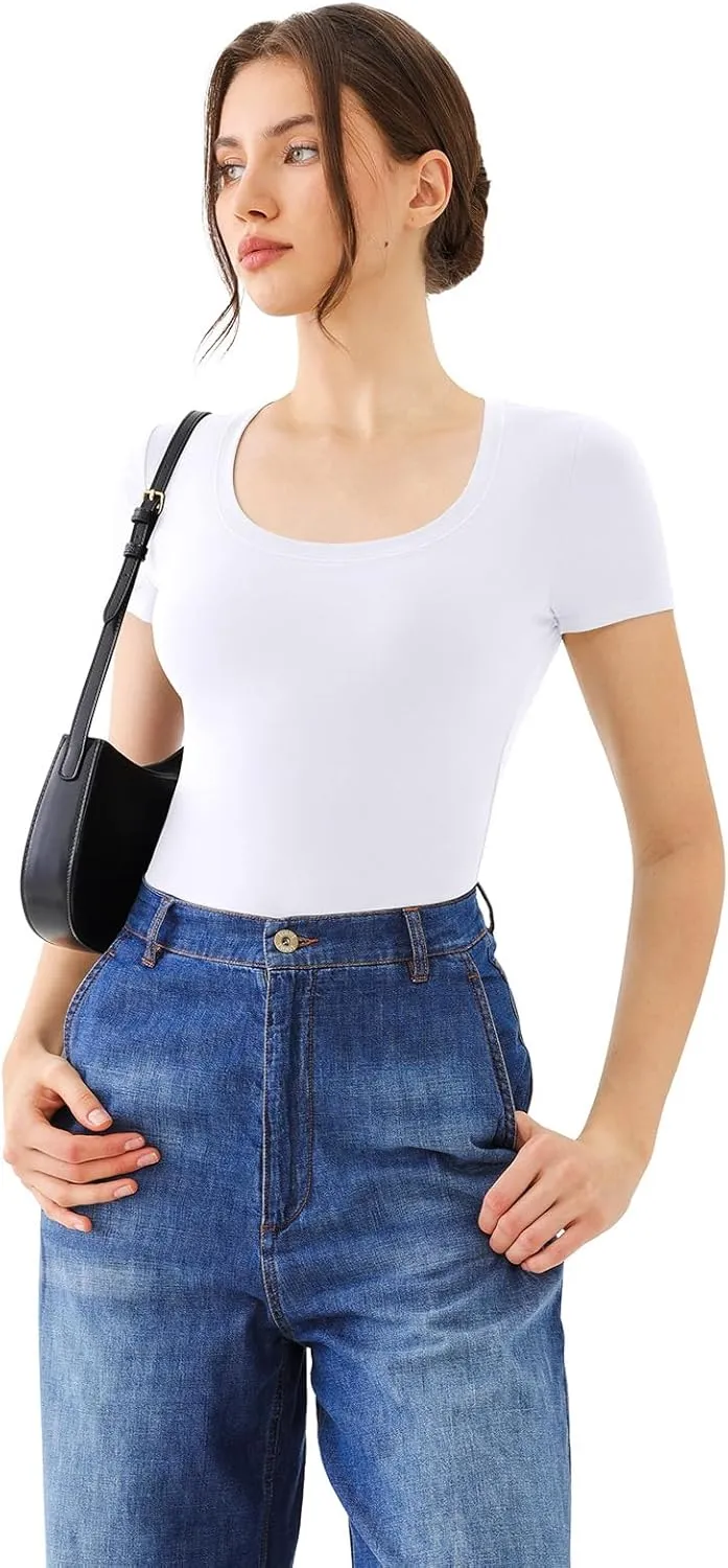 REORIA Womens Scoop Neck Short Sleeve Tops Summer Going Out Double Lined T Shirts Slim Fit Clothes Basic Tee 2025