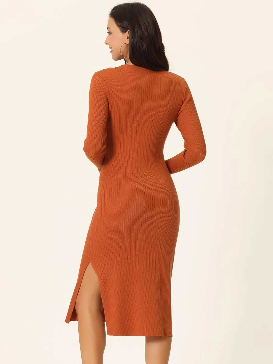 Seta T Women's Fall Winter Long Sleeve V Neck Ribbed Knit Side Slit Twist Front Midi Sweater Dress