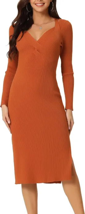 Seta T Women's Fall Winter Long Sleeve V Neck Ribbed Knit Side Slit Twist Front Midi Sweater Dress