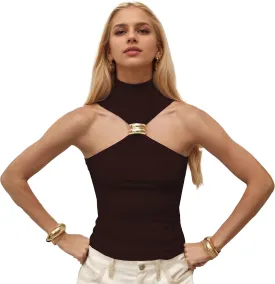 Sexy Dressy Halter Neck Tops for Women Pleated Twist Front Tank Tops Slim Fit Hollow Out Backless Cami Top