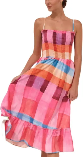 SOLILOQUY Women Boho Striped Midi Dress Spaghetti Strap Scoop Neck Smock Bodice Tiered A-Line Flowy Sundress Summer Vacation