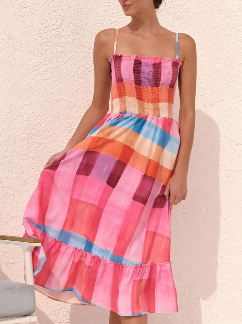 SOLILOQUY Women Boho Striped Midi Dress Spaghetti Strap Scoop Neck Smock Bodice Tiered A-Line Flowy Sundress Summer Vacation