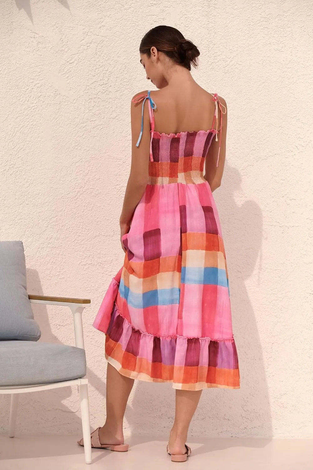 SOLILOQUY Women Boho Striped Midi Dress Spaghetti Strap Scoop Neck Smock Bodice Tiered A-Line Flowy Sundress Summer Vacation