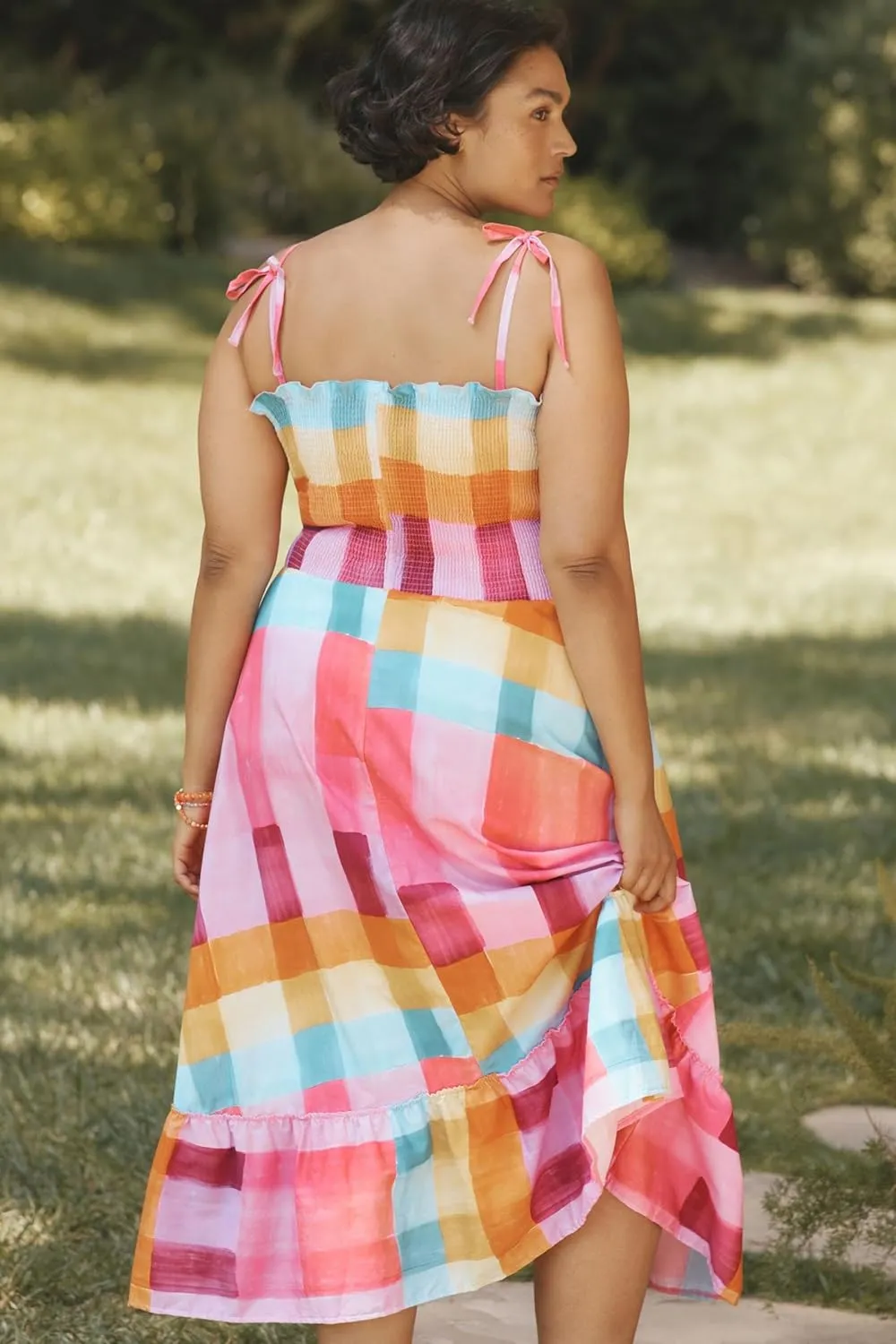 SOLILOQUY Women Boho Striped Midi Dress Spaghetti Strap Scoop Neck Smock Bodice Tiered A-Line Flowy Sundress Summer Vacation