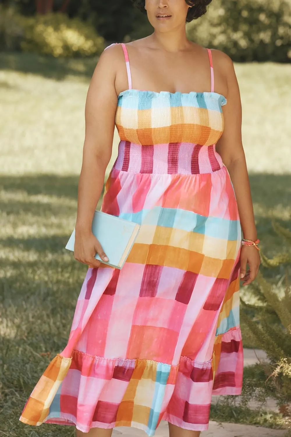 SOLILOQUY Women Boho Striped Midi Dress Spaghetti Strap Scoop Neck Smock Bodice Tiered A-Line Flowy Sundress Summer Vacation