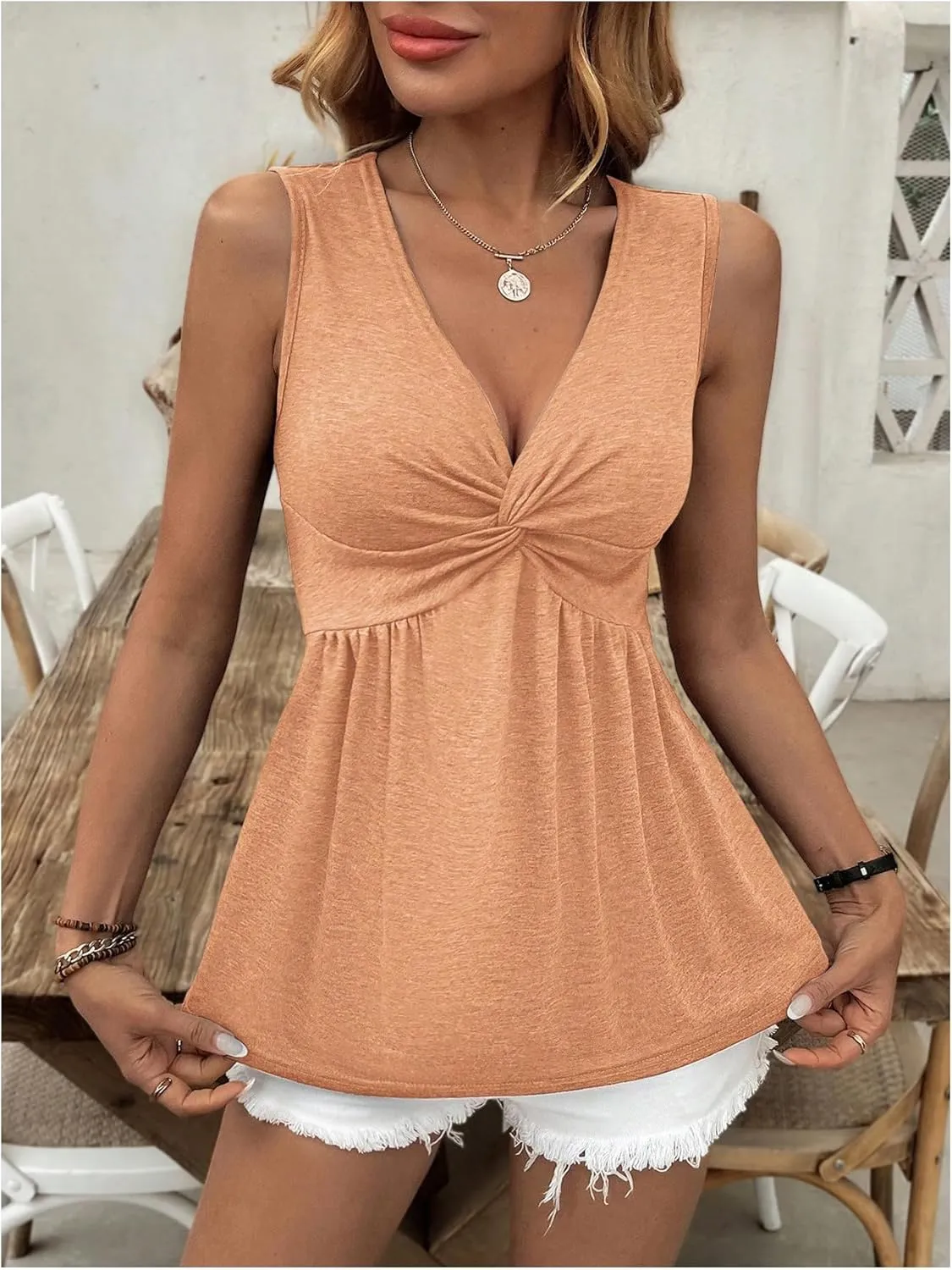 SOLY HUX Women's Tank Top Twist Front V Neck Sleeveless Peplum Summer Tops