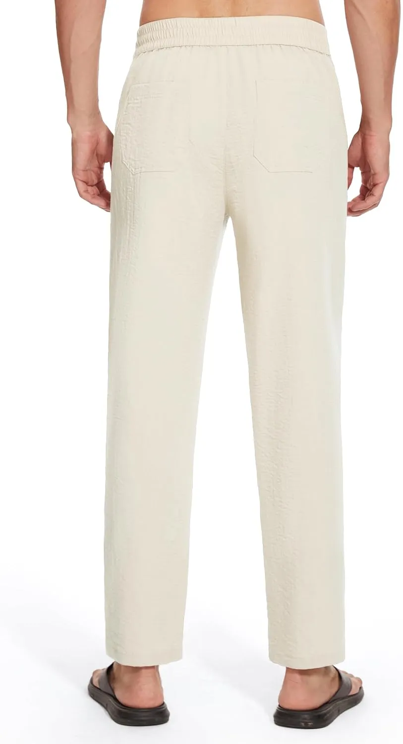 Tall Mens Casual Linen Pants 31/33/35/37 Inseam Beach Slacks Summer Long Drawstring Straight Leg Relaxed Fit