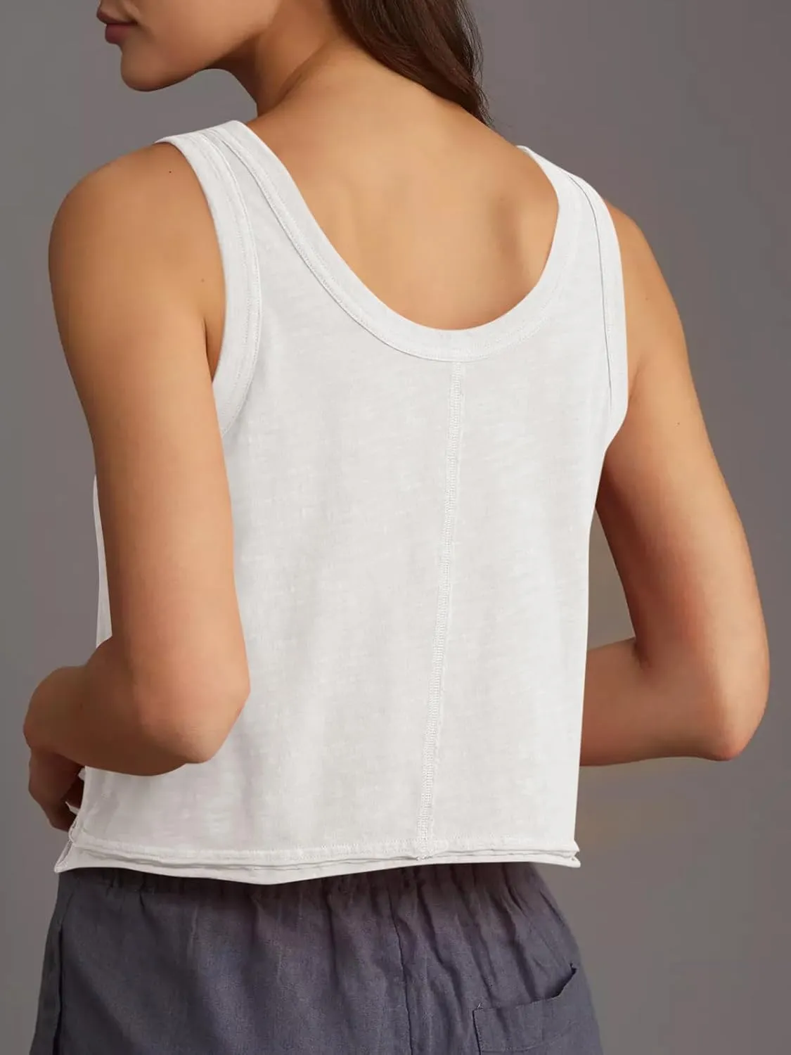 Tankaneo Womens Scoop Neck Cropped Tank Tops Summer Casual Cotton Workout Sleeveless Shirts Loose Fit Basic Tees
