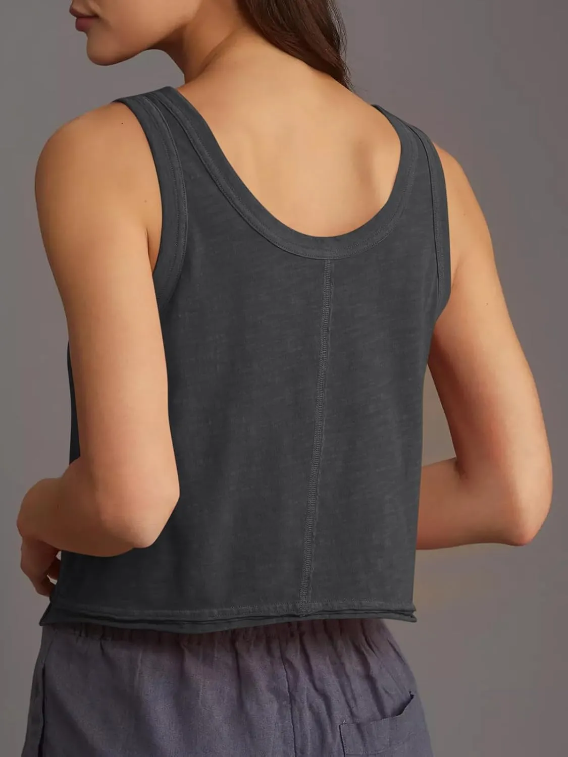 Tankaneo Womens Scoop Neck Cropped Tank Tops Summer Casual Cotton Workout Sleeveless Shirts Loose Fit Basic Tees